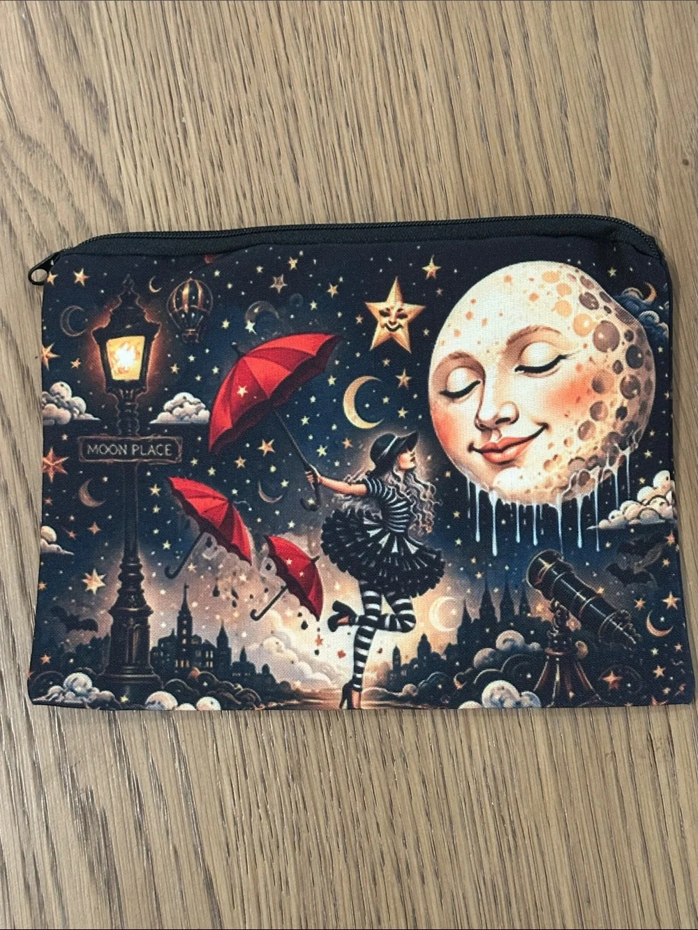 Whimsical Moon & Red Umbrella Zip Pouch